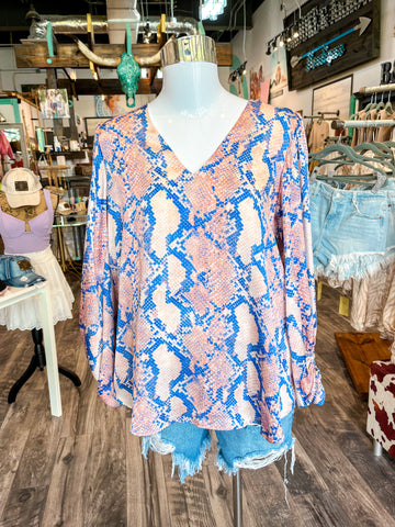 Blue Snake Balloon Sleeve Top