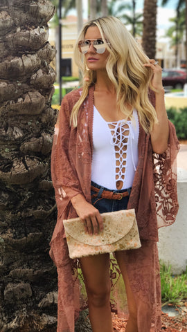 Beach Kimono W/ Sleeves Coral/Burnt Orange